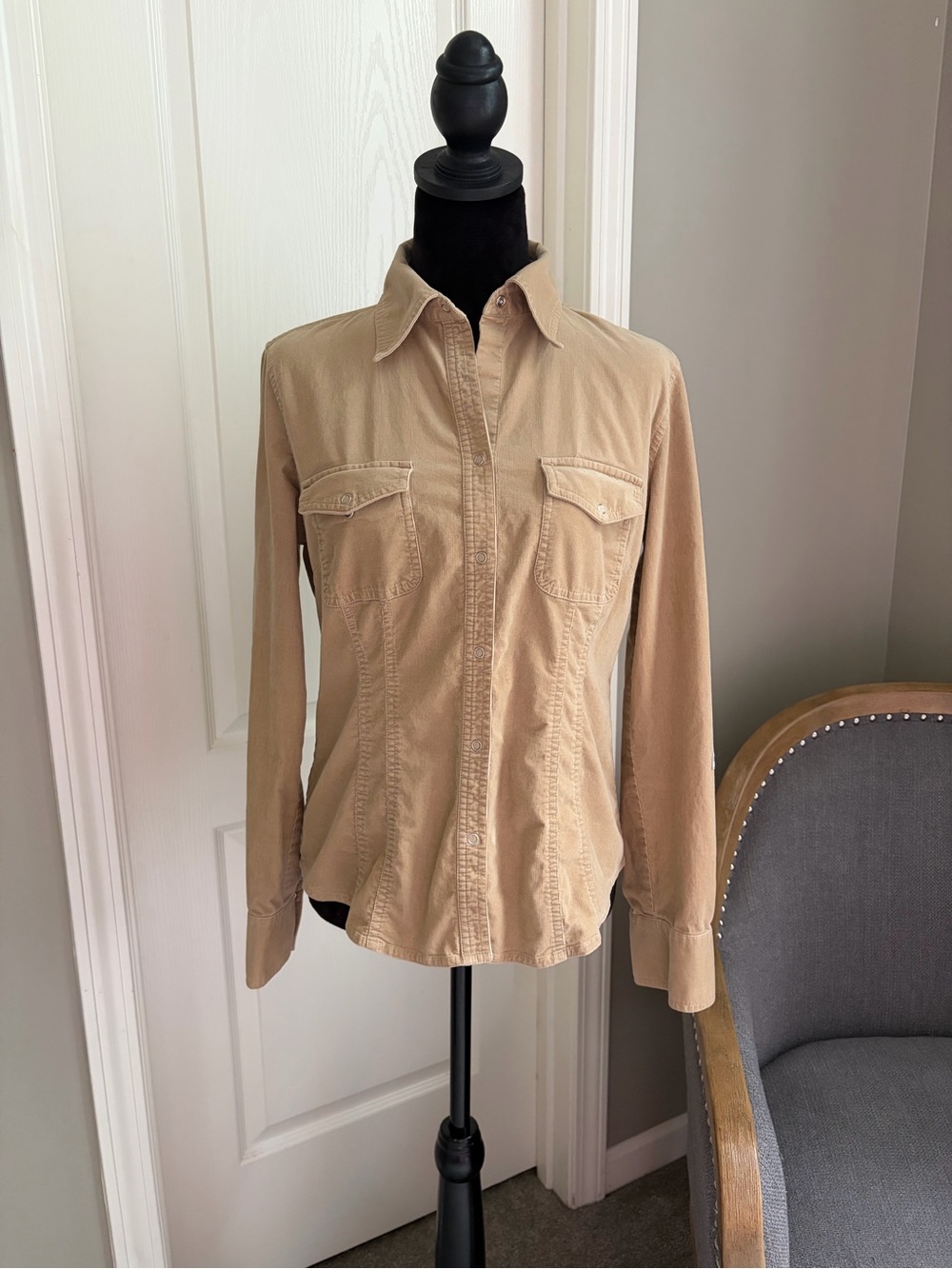 LOFT Women's Light Tan Button-Down Shirt with Chest Pockets